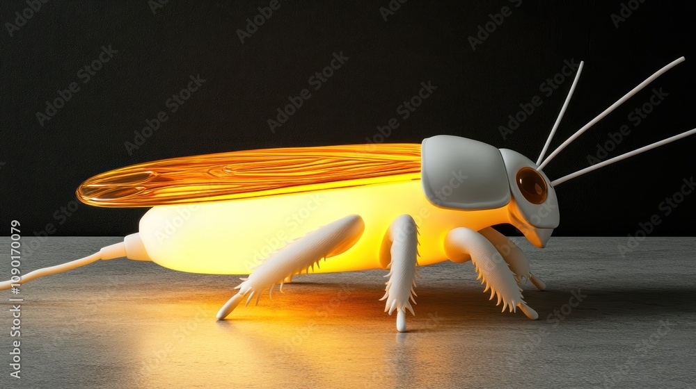 Poster a whimsical lamp designed to resemble a glowing insect, combining functionality with playfulness.