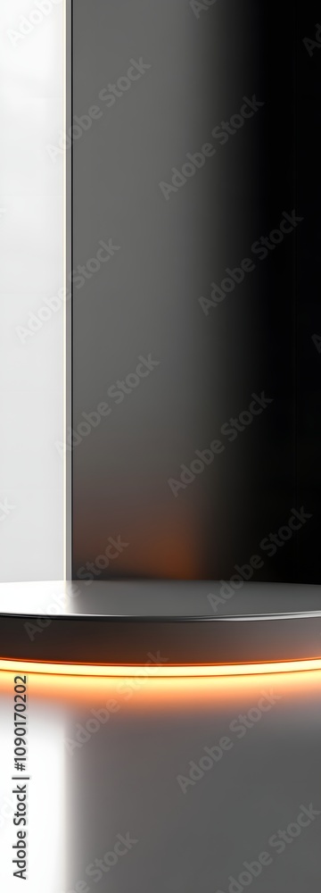 Poster 72. a sleek podium with a high-gloss finish, illuminated softly from the sides, creating a spacious 