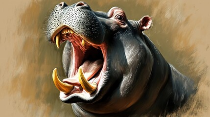 A close-up of a roaring hippopotamus showcasing its large teeth and expressive features.