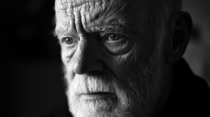 Obraz premium Close-up portrait of a senior man with a white beard and a serious expression.