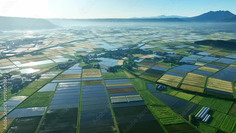 Aufkleber 田園、水田、空撮、風景、景色、田畑、農地、ドローン、俯瞰、農業、農家、環境、自然、農耕、稲作、ハウス、灌漑、耕作地、開墾、平野、盆地、都市、街、社会、一次産業、反射、ハイアングル、展望、パノラマ、鳥瞰図、上から見た、見下ろす、地平線、景観、畦道、農道、住宅、SDGs、サステナビリティ、グリーン、サステナブル、用水路、農村、水張り、湛水、転作、作付け、水稲、交付金、飛行