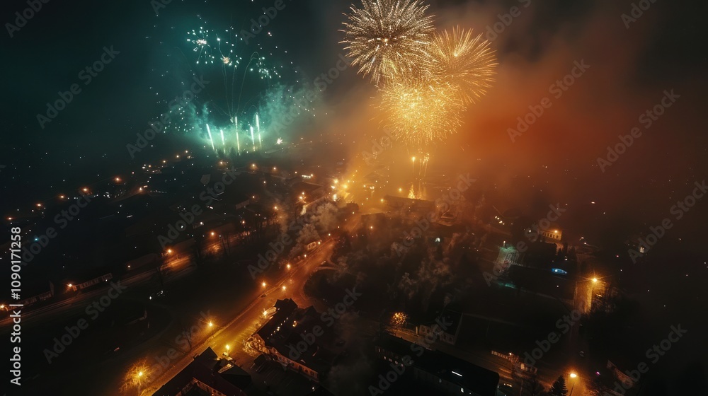 Poster an aerial view of a city at night with fireworks exploding in the sky.