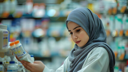 Woman in hijab carefully examines medicine bottles in pharmacy aisle.