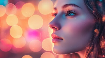 Fototapeta premium Close-up portrait of a young woman with blue eyes looking up and to the right against a background of blurred colored lights.