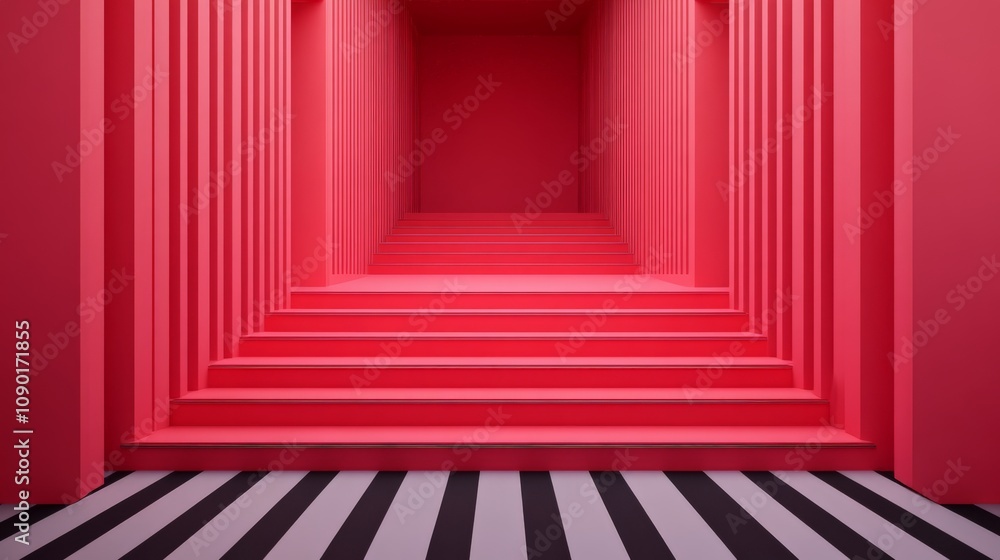 Aufkleber crimson corridor: abstract 3d rendering of a vibrant red receding hallway with black and white strip