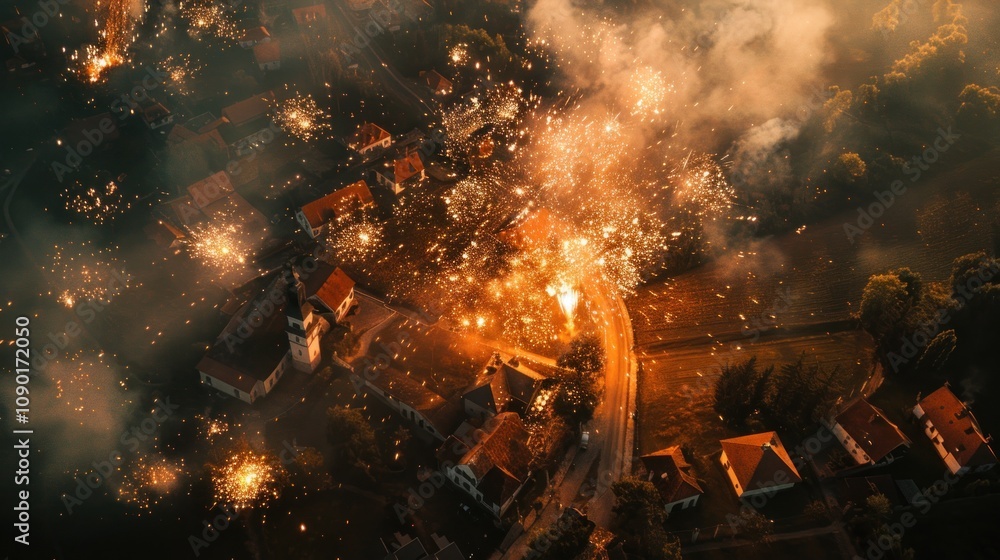 Poster aerial view of a small town with fireworks exploding over the houses.