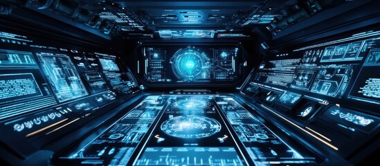 Obraz premium A glowing, high-tech spaceship interior with sleek design, holographic control panels