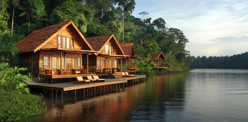 Obraz premium Luxurious wooden lake houses nestled in a lush green rainforest, reflecting in calm water at sunset.