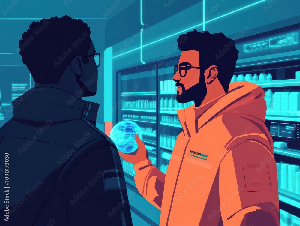Poster two men discussing a digital globe in a futuristic setting.