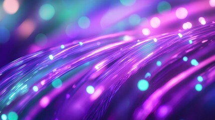 Fiber optic cables intersecting in a 3D space, glowing with neon purple and green 