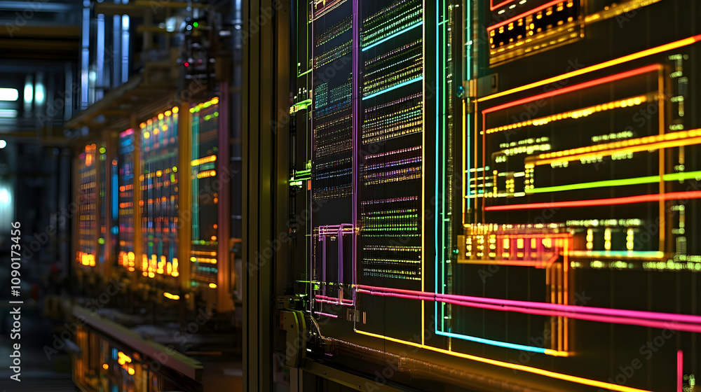 Poster a row of brightly lit screens displaying complex network diagrams in a dark industrial setting