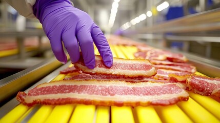 60.A worker in purple gloves is seen handling bacon slices on a fast-moving conveyor belt in a food production facility. The yellow packaging contrasts with the worker's gloves, drawing attention to
