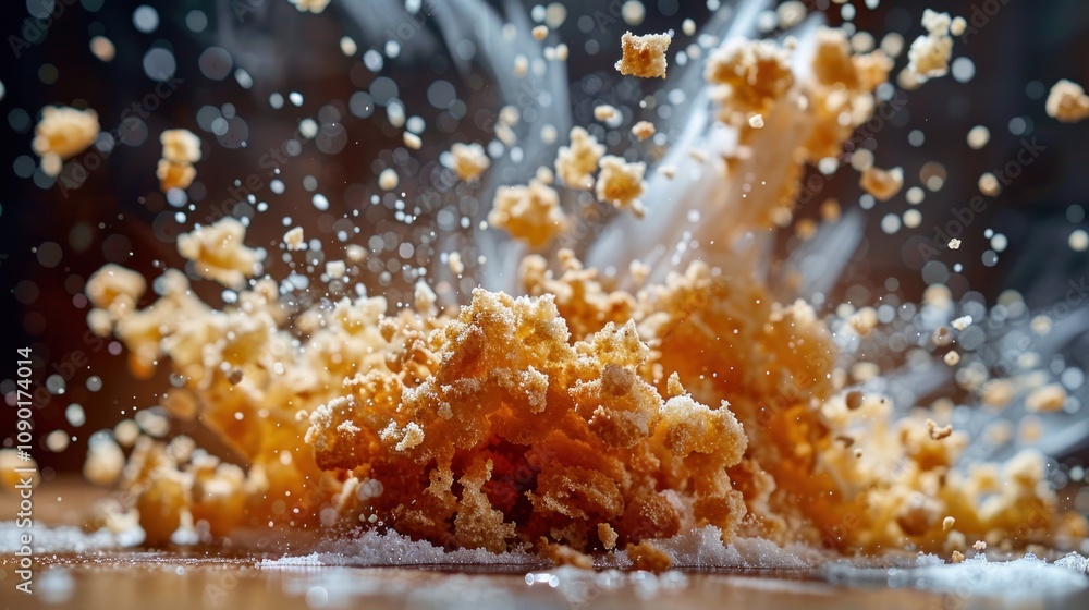 Poster a close-up of a cloud of crumbs exploding in the air.