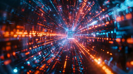 Fototapeta premium Abstract 3D Digital Tunnel of Light and Data Streams, Vivid Orange and Blue Colors, Futuristic Background Illustration