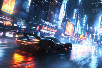 Sci-Fi Racing Car in Neon Tunnel, Gaming Wallpaper