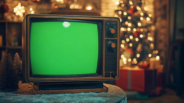 Front view of Retro Television with chroma key green screen isolated on blurred christmas theme background