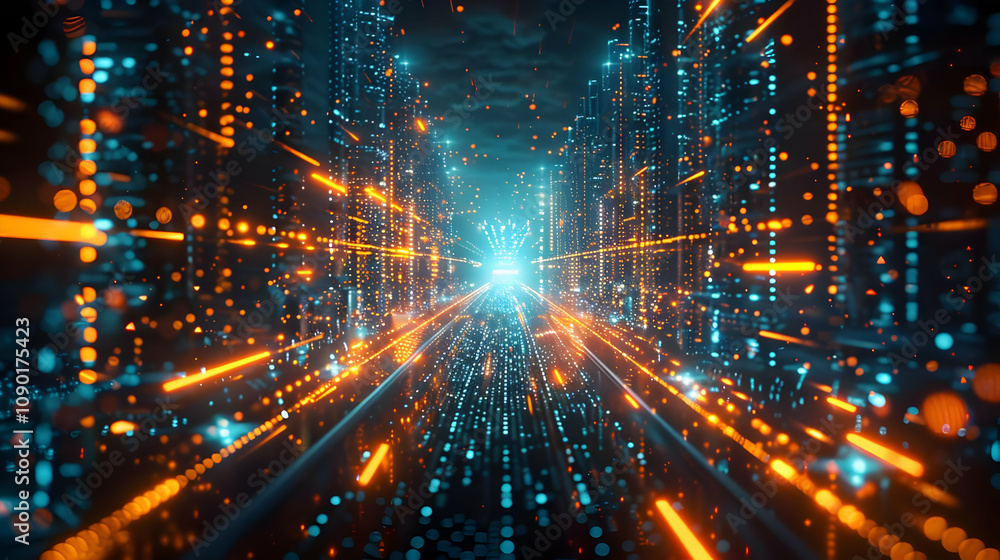 Poster 3d digital cityscape: abstract tunnel of light and data streams with vibrant orange and teal colors