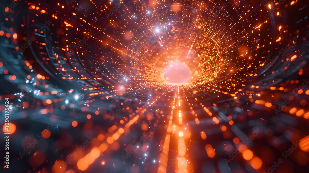 Poster abstract 3d render: glowing particles stream through a tunnel of light, creating a dynamic and energ
