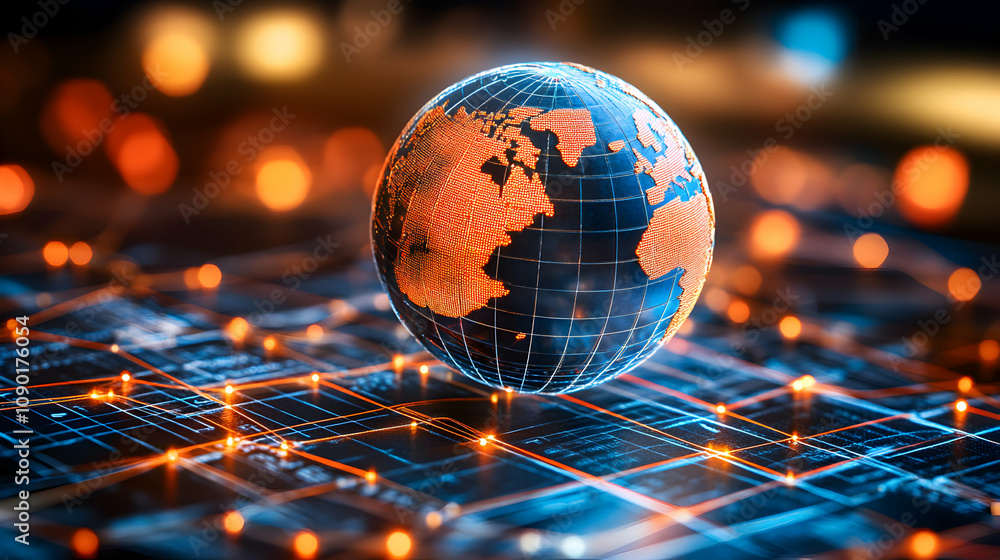 Poster a 3d rendered globe with a glowing orange network overlay resting on a digital circuit board surface