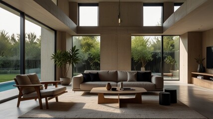 Fototapeta premium Here's a caption and keywords for your stock photo.. Modern minimalist living room with concrete walls, large windows, and a beige sofa.