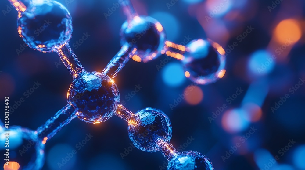 Poster Microscopic 3D rendering of a molecule's structure with glowing nodes and connecting bonds.