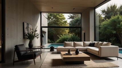Fototapeta premium Modern living room with L-shaped sofa, large windows overlooking pool and garden.