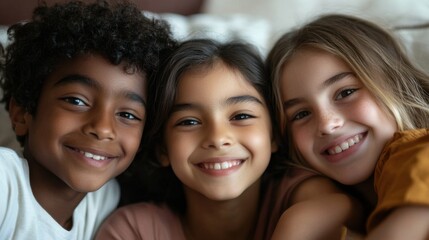 Fototapeta premium Closeup of three diverse kids, a Black boy with a joyful grin and short curly hair, a South Asian girl with a playful expression and medium-length hair
