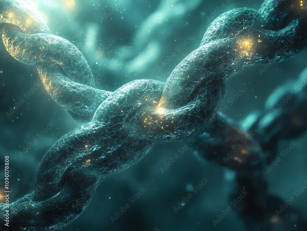 Poster Microscopic view of interconnected strands with glowing particles, suggesting a network or connection.