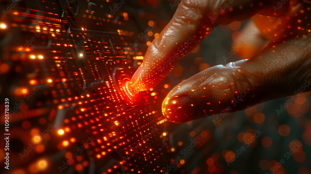 Poster fingertip activates glowing futuristic circuit board, displaying digital data streams intensely.