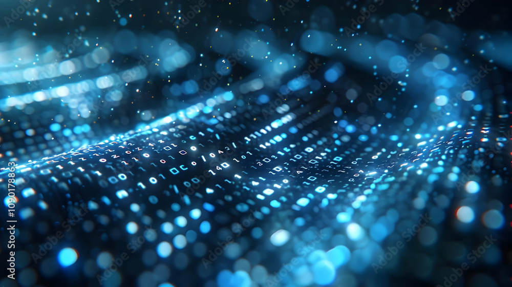 Poster abstract 3d digital data wave background: binary code flows dynamically with glowing blue particles