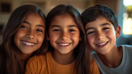 Fototapeta premium Closeup of three diverse kids, a Hispanic girl with a cheerful smile and medium-length hair, a South Asian boy with a joyful grin and short hair