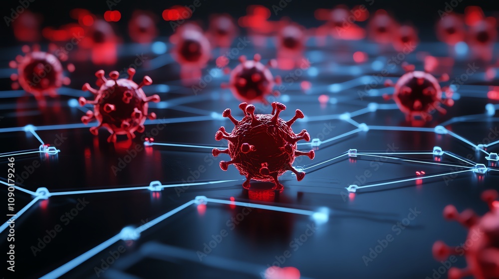 Aufkleber Microscopic view of red viruses connected by a network.