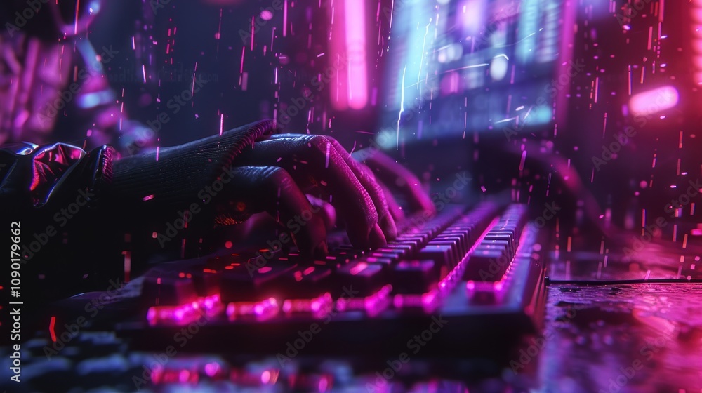 Poster futuristic scene with hands typing on a glowing keyboard in rain.