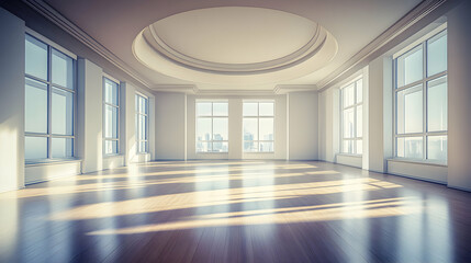 Fototapeta premium A Large Empty Room with Big Windows and a City View and a Circular Ceiling Design