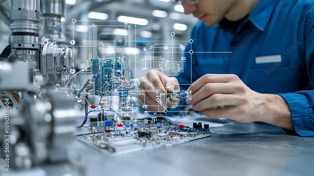 Poster Close up of a focused electrical engineer s hands meticulously working on the delicate wiring and intricate circuitry within a complex industrial machine