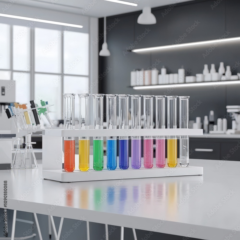 Poster lab counter with test tubes filled with colored solutions