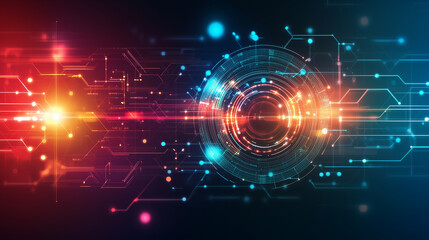 Obraz premium デジタルとテクノロジーを赤く光るコアと周辺のリングで表現したイラスト背景画像