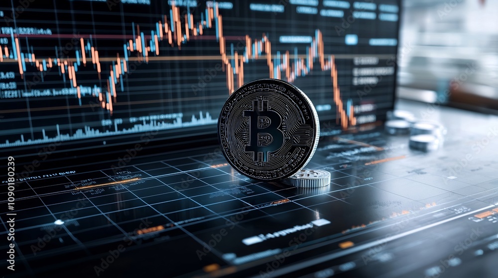 Poster Futuristic and cinematic Bitcoin chart data visualization showcasing dynamic market fluctuations and trends in a neon infused aesthetically pleasing and technologically advanced style