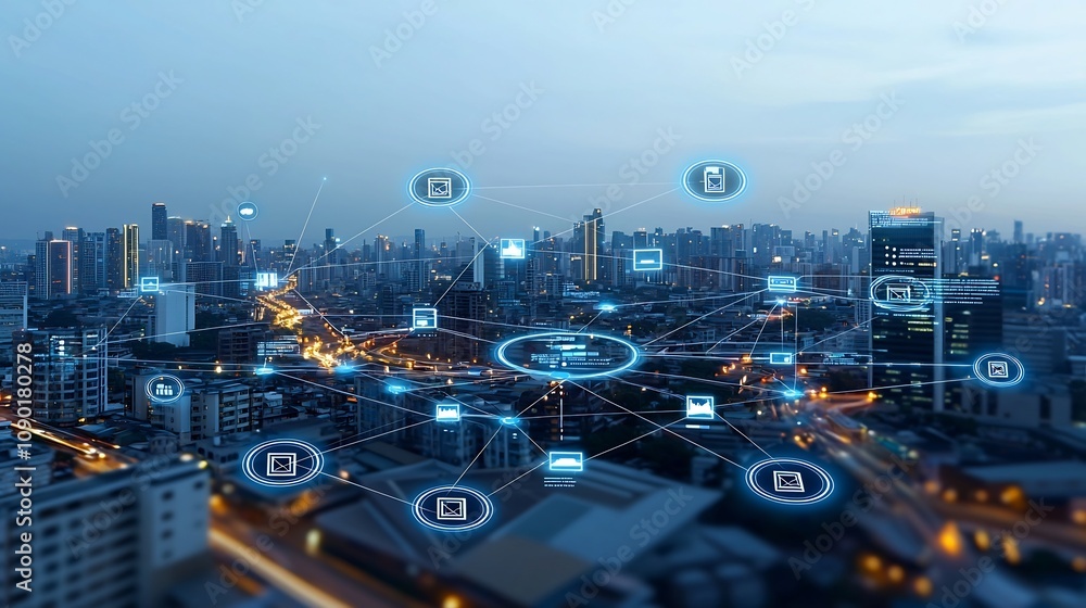 Poster Secure and Transparent Blockchain Based Data Exchange System with Futuristic Architecture Depicting a Intricate Network of Interconnected Nodes Encrypted Data Flows and Neon Lit Urban Landscape