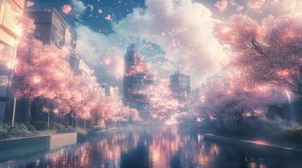 Obraz premium A serene cityscape with blooming cherry blossoms reflecting on a tranquil river under a vibrant sky, creating a dreamlike, picturesque scene.