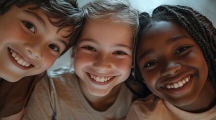 Fototapeta premium Closeup of three diverse kids, a South Asian boy with a playful grin and short hair, a white girl with a joyful expression and curly hair