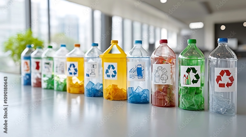 Poster Recycling bins with clear labels for plastic glass and paper waste highlighting an organized and efficient system for waste sorting and processing towards a more sustainable environment