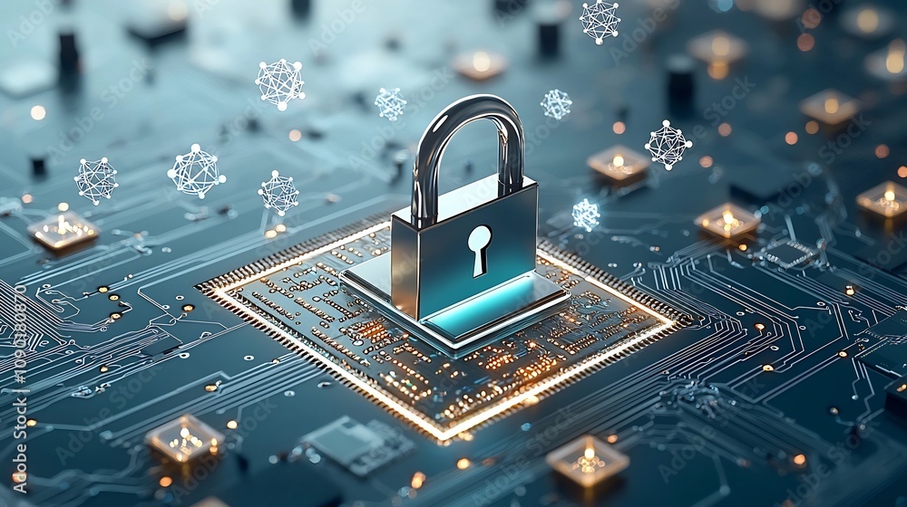 Aufkleber Holographic lock symbol with qubits floating around illustrating secure quantum data encryption technology  Futuristic digital security and cryptography concept