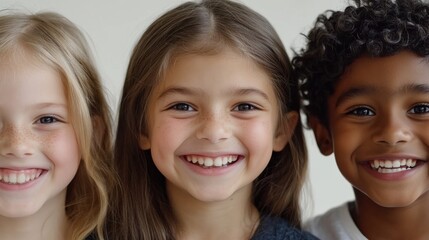 Fototapeta premium Closeup of three diverse kids, a South Asian girl with a bright smile and long hair, a Black boy with a cheerful grin and medium-length hair