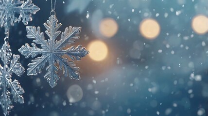 A wintery Christmas banner with intricate silver snowflakes suspended in the air