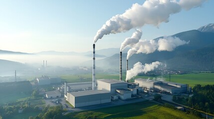 Obraz premium Aerial view of smoke and pollution billowing from factories and industrial facilities creating a hazy smog filled sky and representing the urgent issue of climate change and environmental degradation