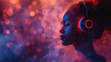 Young woman with illuminated headphones, eyes closed, surrounded by colorful bokeh and mist, creating an immersive and dreamlike atmosphere