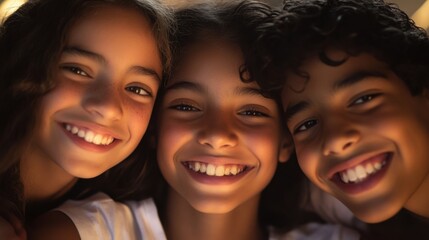 Fototapeta premium Closeup of three diverse kids, a white girl with a cheerful grin and wavy hair, a Black boy with a joyful expression and curly hair