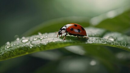 Fototapeta premium Ladybug crawling on a green leaf adorned with water droplets in a lush garden setting during daytime