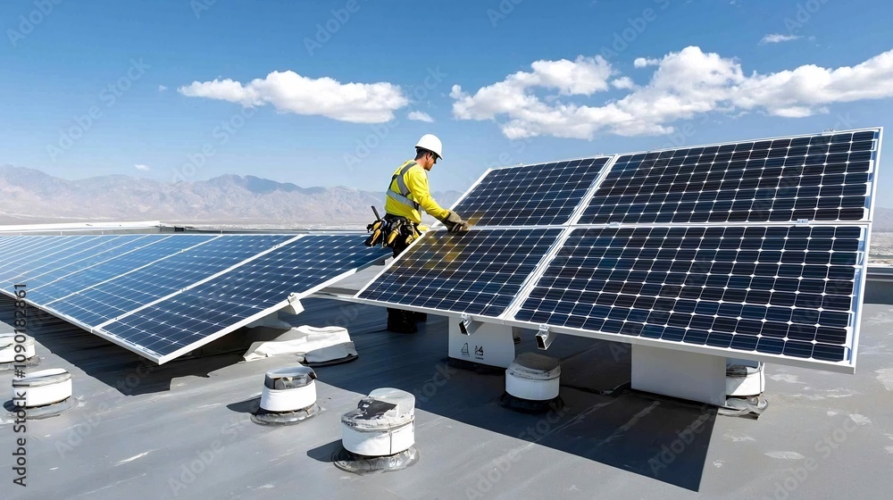 Poster a person is shown carefully installing solar panels on the rooftop of a building demonstrating effor